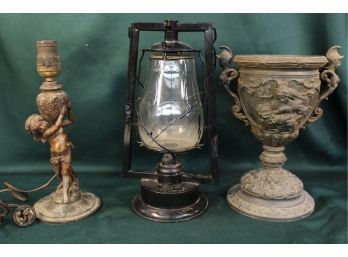 Antique Electric Lamp Base, Lantern, Ornate Metal Oil Lamp  Base   (293)