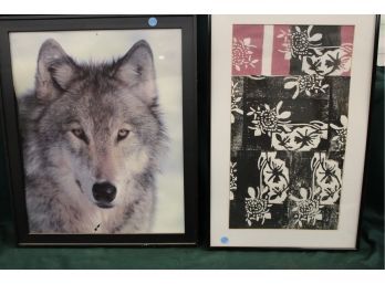 Framed Wolf Color Photo (as Is), 18'x 22' & Woodcut Print, 15'x 24'   (46)