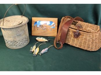 Vintage Fishing Lot - LL Bean Creel, Bait Bucket, Laser Cut Wood Framed Mirror, Wood Fish   (198)