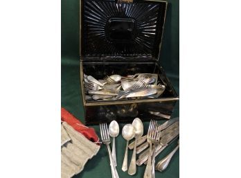 Metal Box With Assorted Silverplate Flatware   (268)