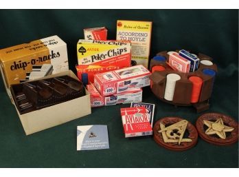 Poker Chips In Caddy, Racks For Chips, Hoyle Book, Cards,  Mason's Plaques & Pin  (318)