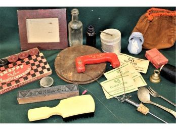 Assorted Misc  Lot - M.S. Arndt & Co Stamp, Checkers, Model Airplane Line On Reel, Bottles, More  (114)