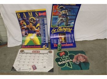 4 Pieces - Budweiser LA Rams '89, SD Chargers '87, '49ers 1995 Schedule Desk Calendar, Schlitz Beer Ad (235)