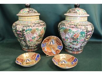Large Pair Of  12'H Temple Jars, Rose Medallion,  Plus Three 5' Japan Bowls  (125)