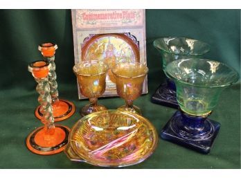 8 Pieces Glass - Pair Orange Candlesticks (czech?), 4 Carnival Glass & 2 Large Vases  (128)