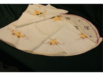 3 Embroidered Pieces, 30'x 30' Square, 16' Round & 50' Round Tablecloth  (5)