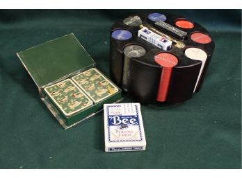 Gambling Set:  Poker Chips In Caddy, 8'x 4',  & Decks Of Cards, (2 Unopened)  (138)