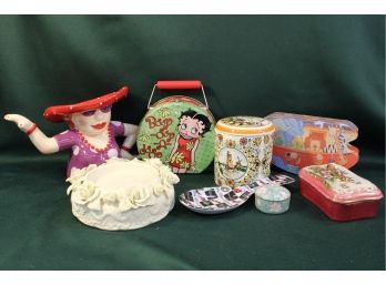 Covered Jars, Metal Tins, Teapot, Bowl With Rose Decorations, More  (229)