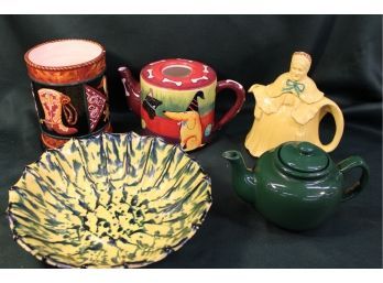 Vintage Pottery Group:  11' Bowl, 3 Teapots, Boot Jar  (as Is),               (183)