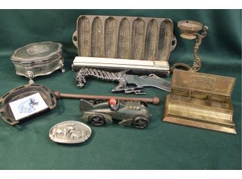 Mixed Lot - Wagner Cast Iron Corn Pan, Pen/ink Holder, Toy Cast Iron Car, Knife, Slide Rule, More  (291)