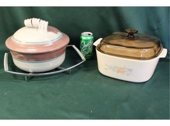 2 Large Casseroles, Ceramic And Corning Ware, Stand   (263)