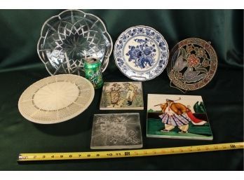 12' Clear Glass Platter, 10' Cake Stand, 3 Tiles & Holland Plate   (278)