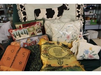 Vintage Pillows/shams, Cow Rug 34'x 21', 2 Table Runners- Barbed Wire 92' Long & Floral 72' Long   (237)