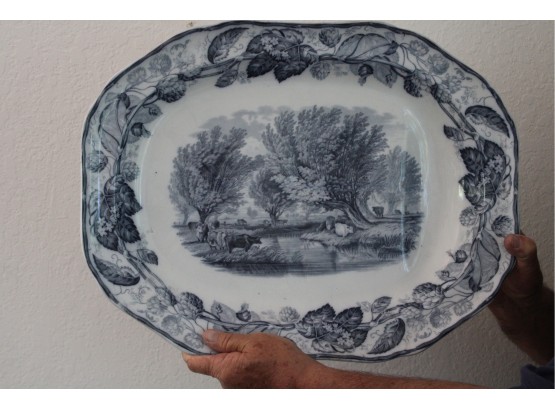 Blue & White Transfer Ironstone  Octagonal Platter With Reservoir, Ca. 1850, Pastoral Scene, 21'x 16'  (415)