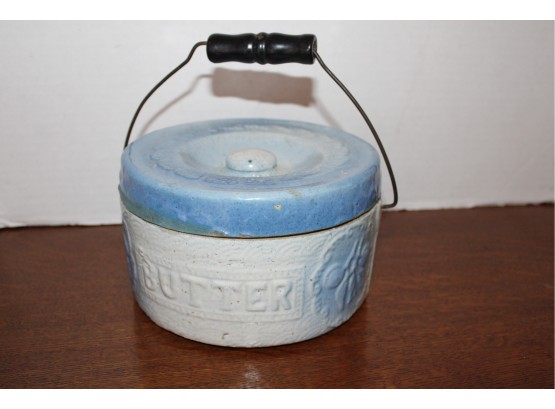 Antique Earthenware Blue Salt Glaze Lidded, Handled, Butter Pot, 7'D X 4'H     (417)