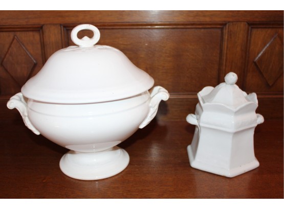 2 Pieces Of Opaque Porcelain (Ironstone) Covered Vegetable & Covered Sugar  (345)