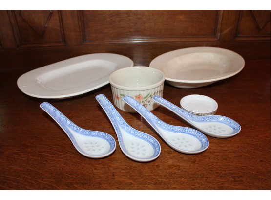 Assorted Kitchenware - Ironstone Villeroy & Boch Oval Bowl, Platter, 4 China Soup Spoons     (383)