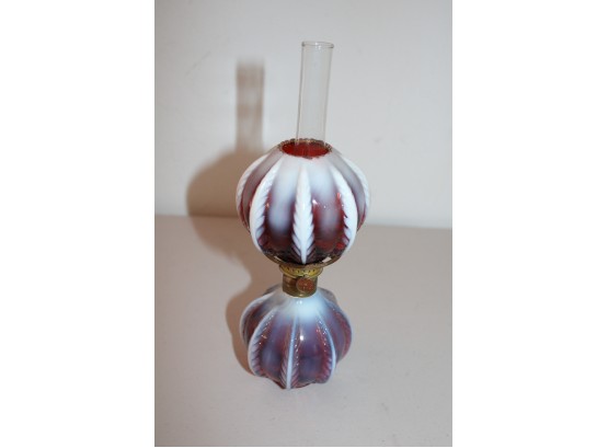 Antique Beautiful Opalescent Cranberry Miniature Oil Lamp, All Original   (449)