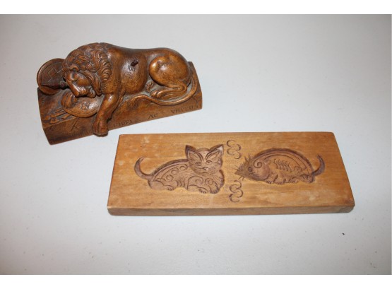 Antique Wood Cat & Mouse Mold And Carved Wood Slayed Lion Of Lucerne  Figure    (434)