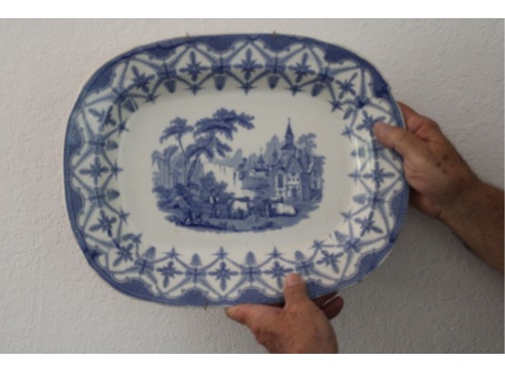 Antique Blue & White Porcelain Transfer Platter, Meddlesex Pottery, 15.5'x 12.5' Carving   (413)