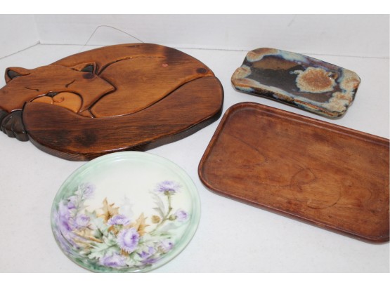 4 Pieces - Raku Fired Tray, Wood Tray, (10'x 7'), Hand Painted Limoges, 7'D Plate, Carved Wood  Cat     (372)