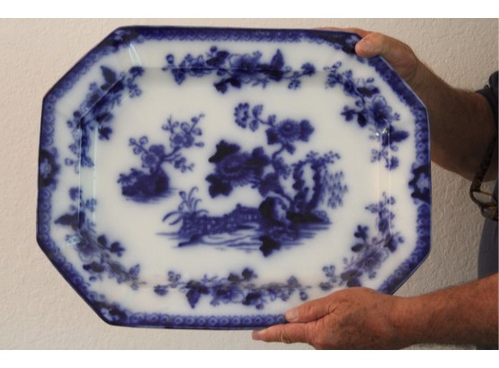 Large Flo Blue Porcelain Platter, 19'x 15' Octagonal, Blue & White, Copeland, Ca. 1850   (414)