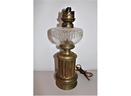 W & W Kosmos Cut Glass Font, Brass Base Oil Lamp Converted To Electric, 17'H   (441)