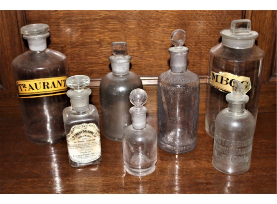 Group Of7 Clear Glass Pharmaceutical  Bottles With Glass Stoppers  (468)
