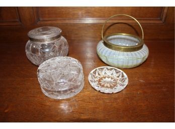 Art Glass -   Cut Glass Dresser Jar W/Sterling Lid, Hand Blown Glass Basket, Cut Glass Covered Jar  (379)