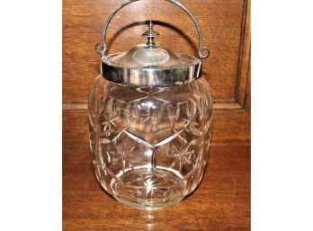 Antique Clear Cut Glass Biscuit Jar With Handle, Original Silver Lid And Collar, 9'x 5'   (478)