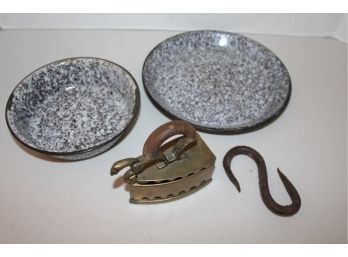 Antique 2 Pcs Graniteware, Small Brass Coal Iron, Old Iron Hand Wrought Hook  (356)