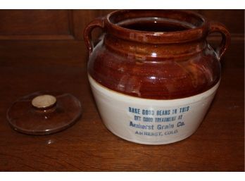 Primitive Brown Glazed Ceramic Bean Pot, Amhearst Grain Co, Colorado, Repaired Lid   (428)