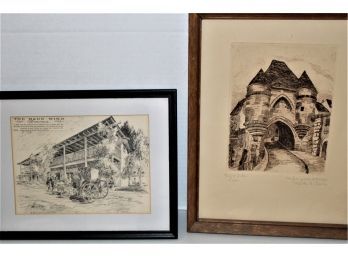 2 Framed Drawings - Charcoal Sketch & Block Print     (477)