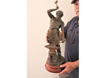 Pot Metal Statue Of Blacksmith On Wood Base, By J. Guillot, 26'H      (374)
