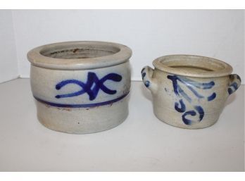 2 Pieces Primitive Ceramic Blue Glazed Slop Bowl 6'x 4' &  Handled Bowl