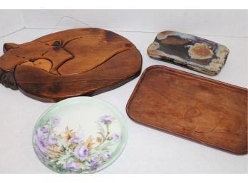 4 Pieces - Raku Fired Tray, Wood Tray, (10'x 7'), Hand Painted Limoges, 7'D Plate, Carved Wood  Cat     (372)