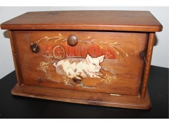 Pine Drop Front Bread Box W/Hand Painted Pig, 23'x 11'x 12'   (350)