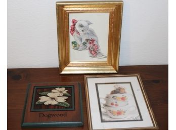 Group Of 3 - Framed Cat  Print, 8'x 10', Framed Mouse Photo 9'x 11', Carved Dogwood Plaque  7'x 7'  (365)