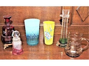 Group Of 6 Pcs Early Colored & Etched Glass  (481)