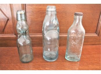 Antique Bottles - Embossed Cod Liver Oil And 2 Victorian Codd Neck Soda Bottles W/Marbles  (485)