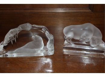 Lalique Cast Glass Bull Figure & Carved Glass Seal, Signed  Yenasson  (376)