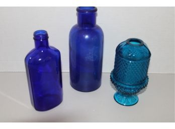 2 Cobalt Bottles & Blue/Green Pressed Glass Fairy Lamp   (495)