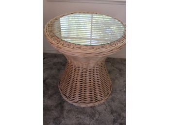 Glass Topped Wicker Pedestal Small Table     (392)