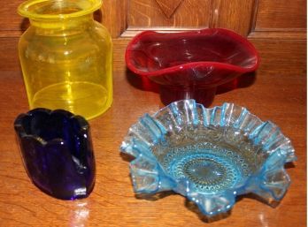 Group Of 4 Pcs Antique  Glass Incl Cobalt Spoon Holder, 4', Vaseline Jar, 6'H, 2 Bowls @6'd  (448)