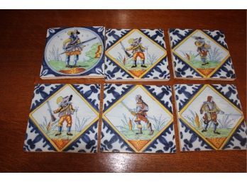 Antique Group Of 6  Hand Painted Pictorial Glazed Ceramic Tiles, Medieval Hunting Scenes, 5'x 5' Each