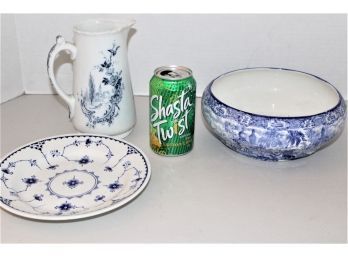 Antique Group Of 3 Blue/White Porcelain Kitchenware Pieces - (467)