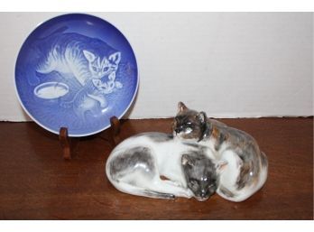 Hand Painted Dresden Porcelain 2 Cat Figurine, Mother's Day 1971 Plate, Bing 7 Grendle   (421)