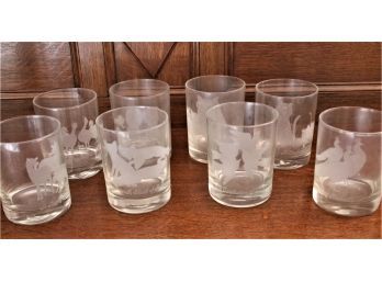 Vintage Set Of 8 Etched Clear Glass Tumblers, Each Different, 4'H  (459)