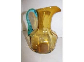 Hand Blown Glass Pitcher, Amber W/applied Blue Handle, Ground & Polished Pontil, 9'H  (352)
