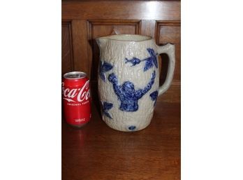 Blue Glaze Early Ceramic Pitcher, Heavily Embossed  8'H   (425)